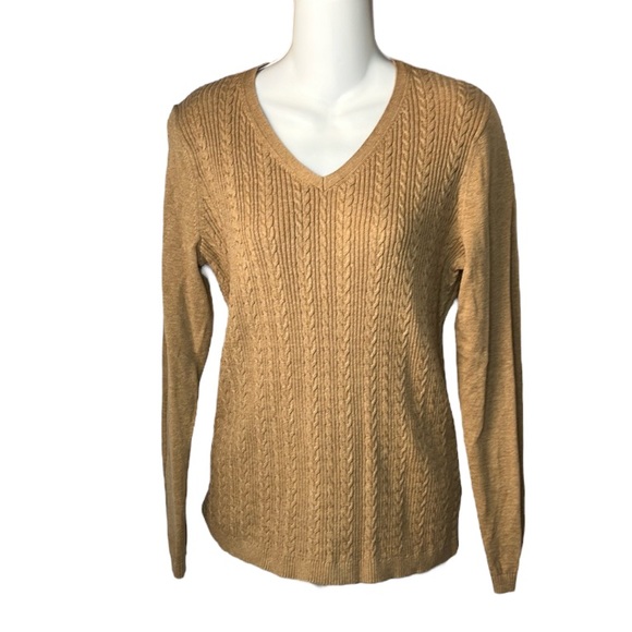 Talbots Sweaters - Talbots Women’s Cable Knit Long Sleeve V Neck 100% Cotton Sweater Tan Size Med